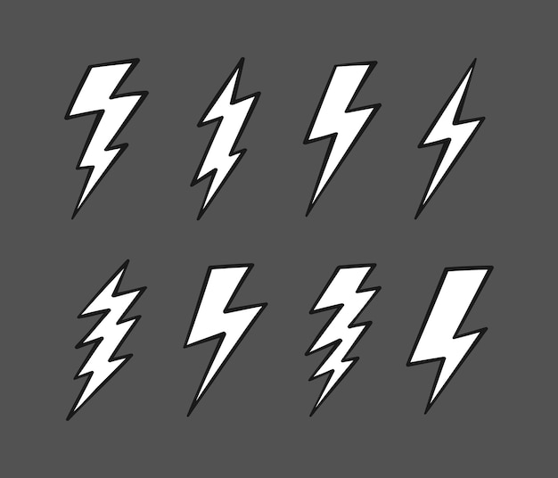 Super Set hand drawn Lightning bolt Thunderbolt lightning strike Modern flat style vector illustration