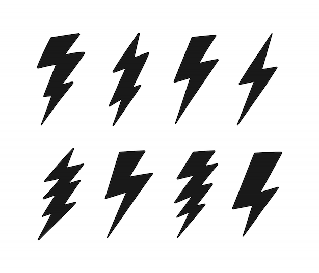 Super Set hand drawn Lightning bolt. Thunderbolt, lightning strike. Modern flat style 