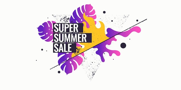 Super summer sale. Abstract background with palm leave and geometric shapes. Vector illustration