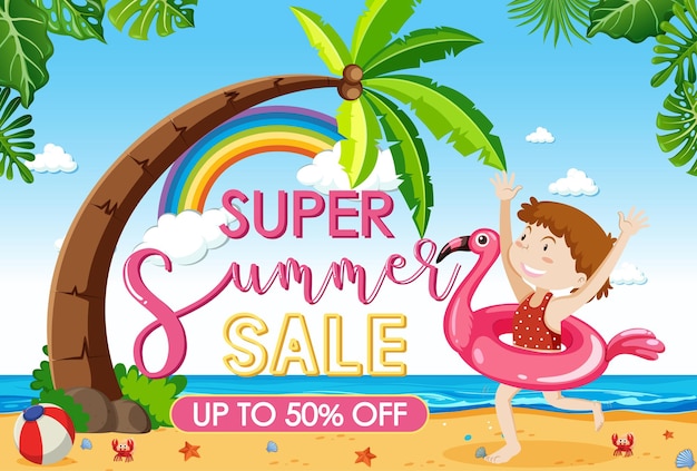 Super Summer Sale banner with a happy girl at the beach