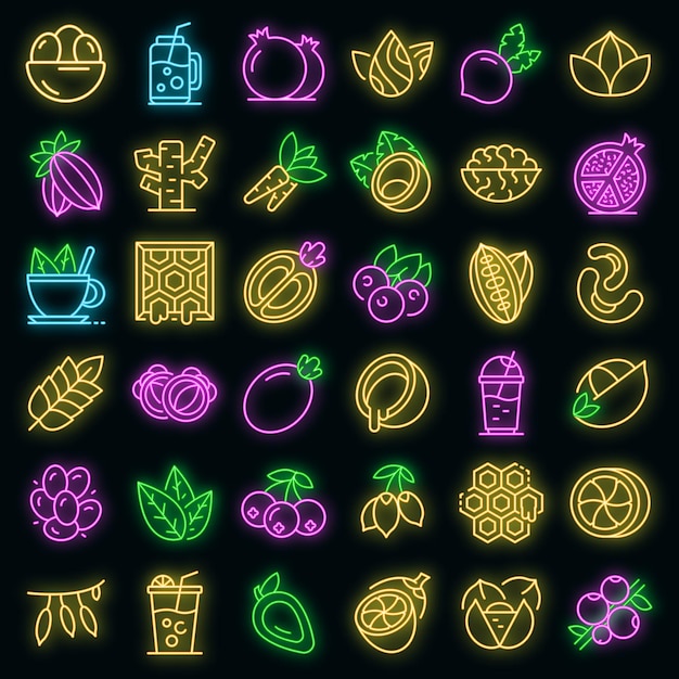 Superfood icons set. Outline set of superfood vector icons neon color on black