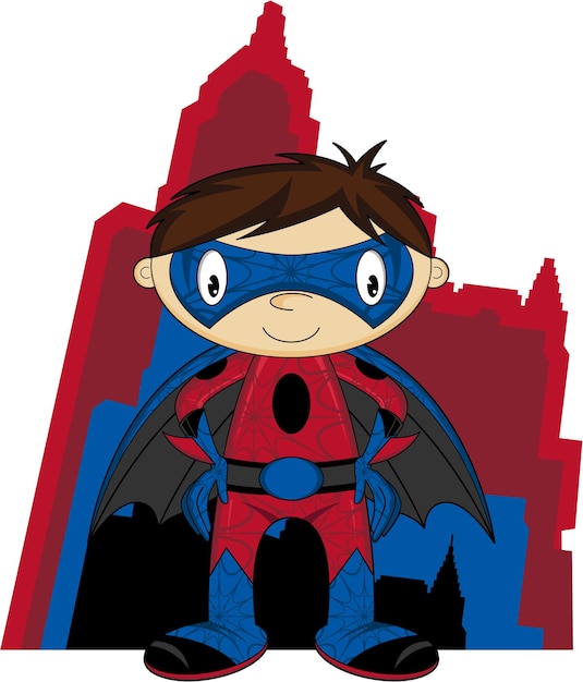 A superhero boy in a red and blue cape stands in front of a cityscape.