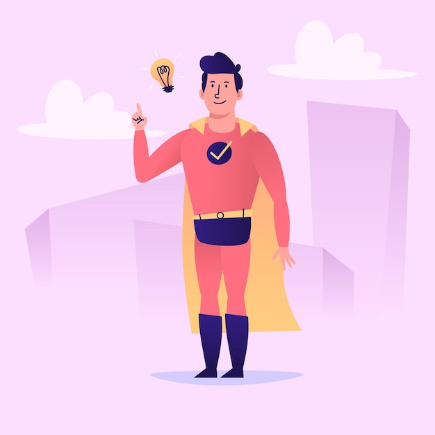 Superhero came up with an idea and smiles. Vector character. Vector Illustration