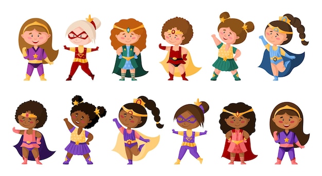 Superhero cartoon girls in super costumes, cute african american female characters isolated  clipart on white background, superhero comic books baby girls, childish illustration set