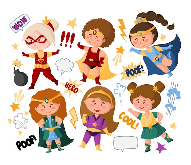 Superhero cartoon girls in super costumes, speech bubbles, signs, isolated set