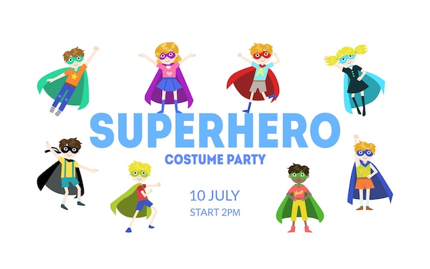 Superhero Costume Party Banner Cute Boys and Girls in Superhero Costumes and Masks Birthday Invitation Landing Page Template Vector Illustration Web Design