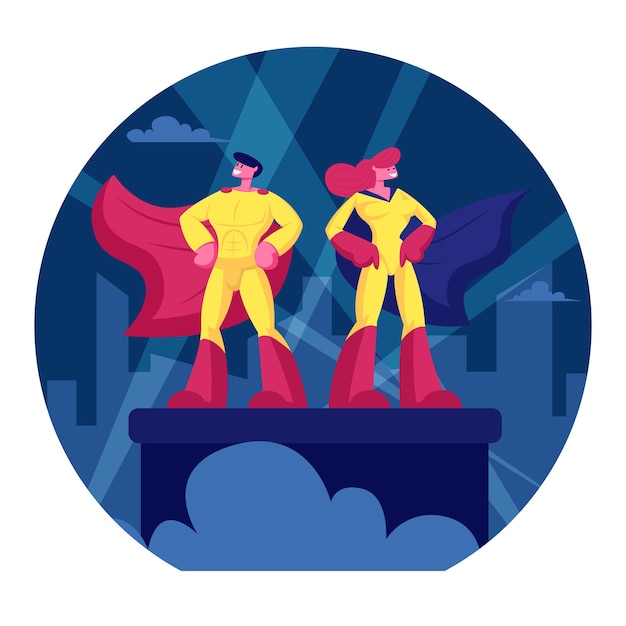 Superhero Couple Man and Woman Wearing Yellow Costumes and Red Cloaks Standing with Arms Akimbo on Building Roof Lighting Searchlights. Cartoon Flat Illustration