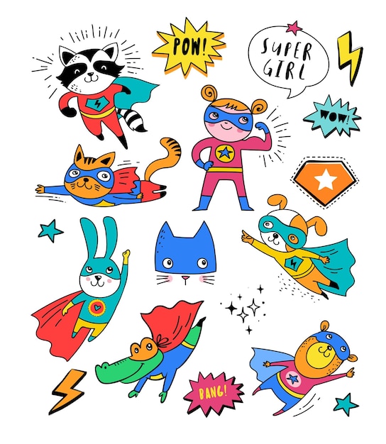 Superhero cute hand drawn characters