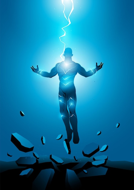 Superhero electrically charged by thunder strike