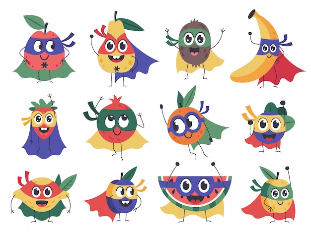 Superhero fruit. Cute, funny superhero fruits characters, brave banana, strawberry and lemon mascots in cloak costume   icons set. Brave fruits in cloak, pear and plum mask illustration