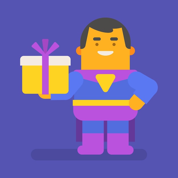 Superhero holding gift box and smiling. Vector character. Vector illustration