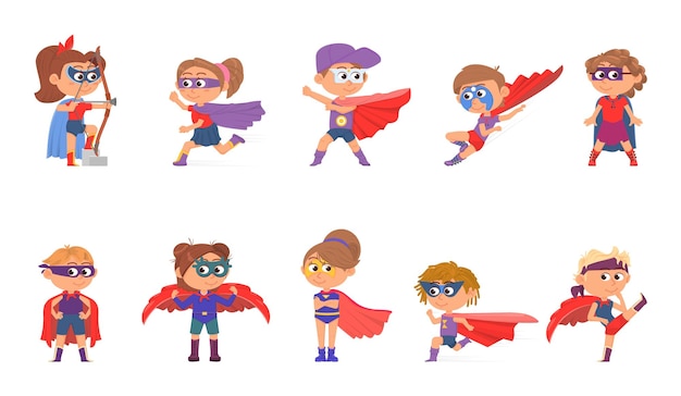 Superhero kids Superheroes in cape children group jumping and flying Cartoon heroes girl wear mask and costume decent vector characters