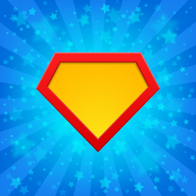 Superhero logo at bright blue rays background with stars. Halftone dots, shadows. 