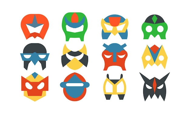 Superhero mask set and power hero person costume Super comic character face sign vector illustration