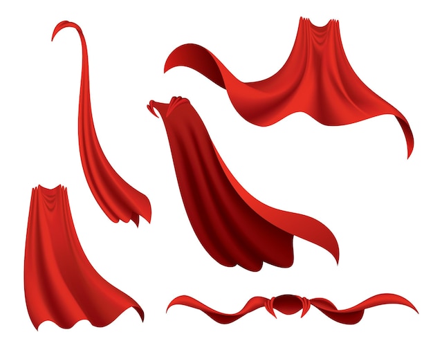 Superhero red cape. Scarlet fabric silk cloak in different position, front back and side view. Carnival or masquerade dress, realistic costume design. Silk flying capes.