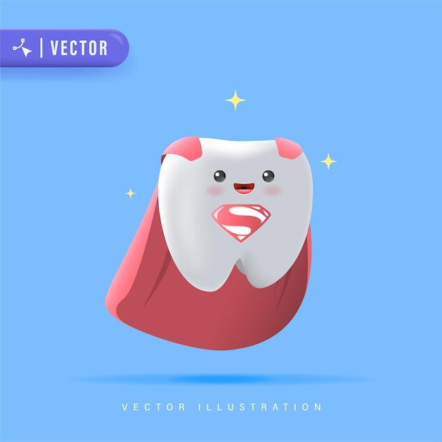 Superhero Tooth with Red Cloak Character Vector Illustration. Cute Smiling Tooth Cartoon