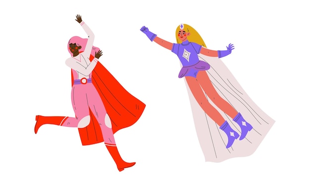 Vector superhero woman character wearing cloak having superpower vector set