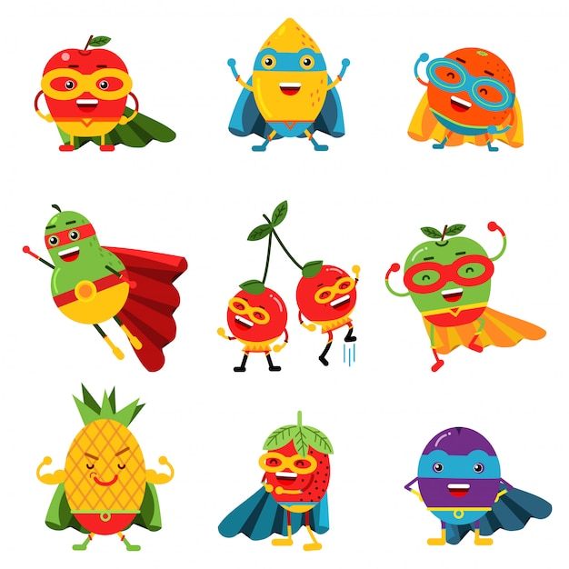 Superheroes fruits in different costumes set of colorful   Illustrations