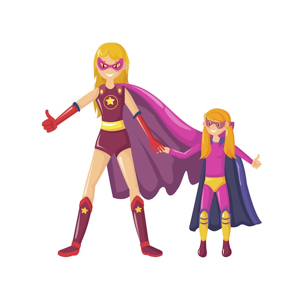 Superheroes mom stands holds daughter hand and shows class together in super hero costumes