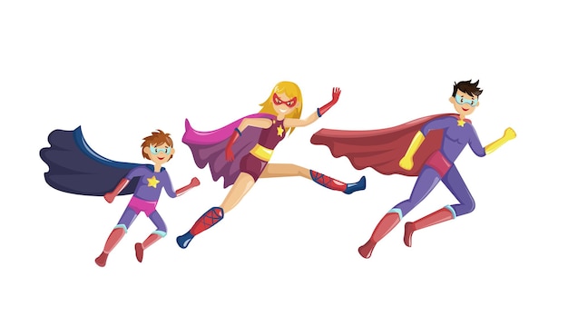 Superheroes parents and children run to rescue together in super hero costumes with cape and masks