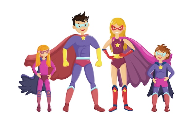 Superheroes smiling parents and children stand  together in super hero costumes