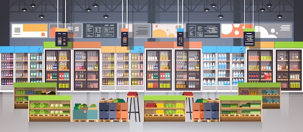 Vector supermarket aisle with shelves, grocery items, shopping, retail and consumerism concept