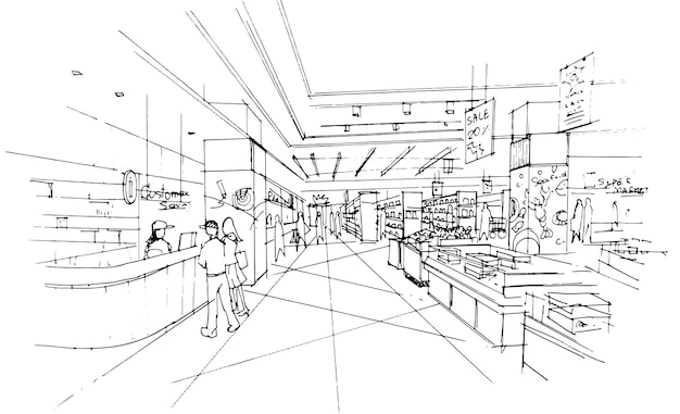 Supermarket area sell various products sketch drawingModern designvector2d illustration