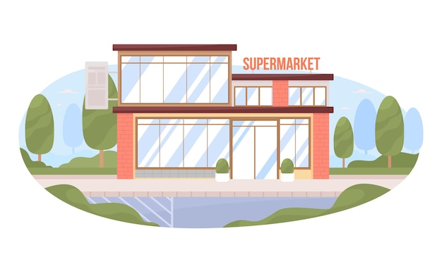 Supermarket building with glass facade 2D vector isolated illustration