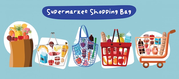 Supermarket cart basket shopping bag vegetable organic fresh sale product market food icon buy purchase