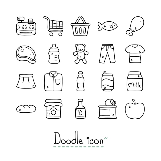 Supermarket. Cute doodle Icons.