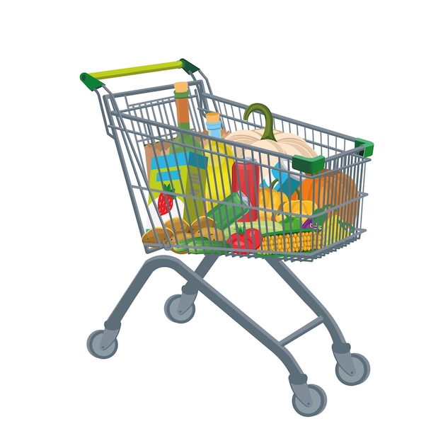 Vector supermarket food cart full shopping cart with a fresh and healthy product vector illustration