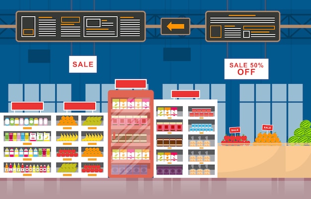 Supermarket Grocery Shelf Store Retail Shop Mall Interior Flat Illustration