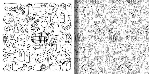 Vector supermarket hand drawn objects set and seamless pattern