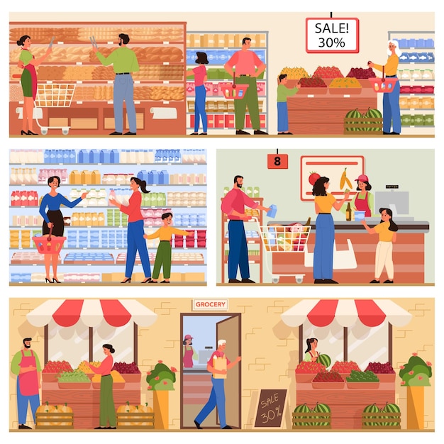 Supermarket interior set Grocery shop with cashier and customers buying food Characters buying groceries at local market Flat vector illustration