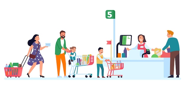 Supermarket queue. Store cashier serves customers. Seller punches goods for buyers. Happy people pay for purchases. Family shopping. Cartoon men and women wait in line with shop carts. Vector concept