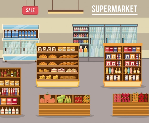 Vector supermarket sale stands illustration