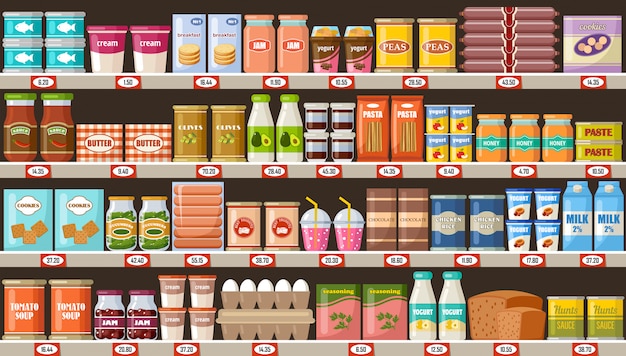 Supermarket, shelves with products and drinks