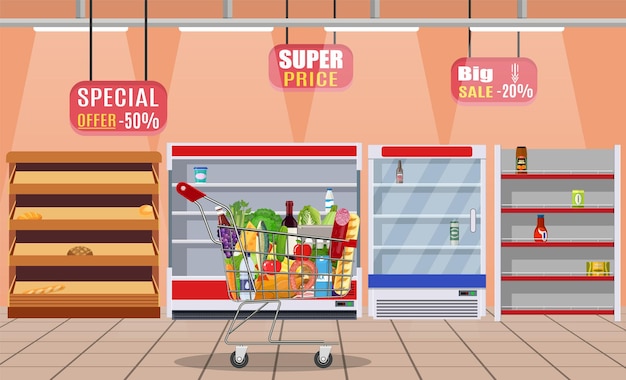 Supermarket store interior with goods.