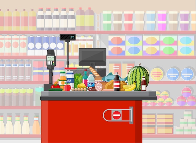 Supermarket store interior with goods.