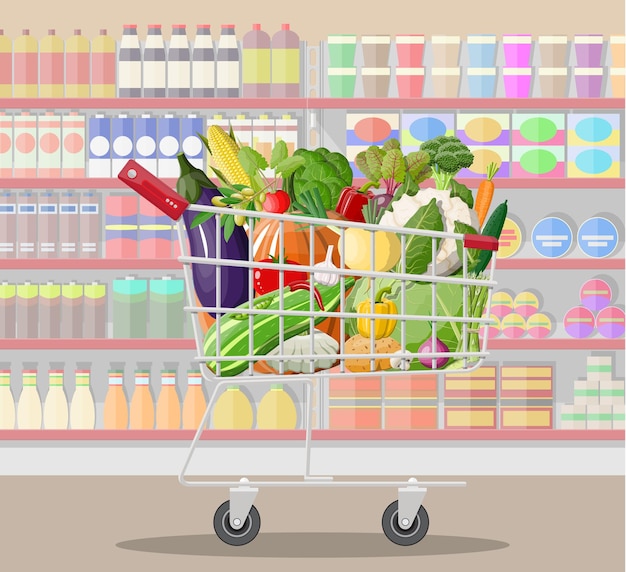 Supermarket store interior with vegetables in shopping cart.