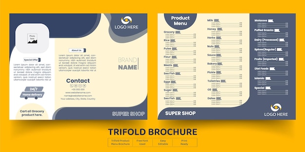 Supermarket trifold brochure template design Product List with price vector editable design