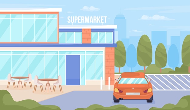 Supermarket with cafe and parking lots flat color vector illustration