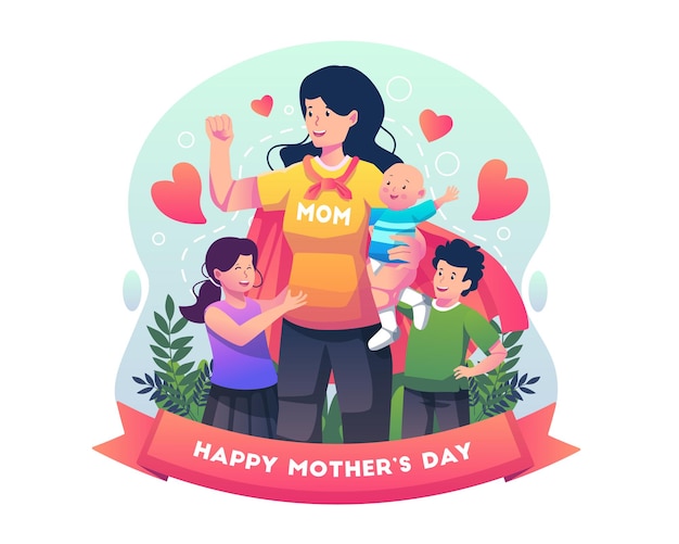 Supermom is wearing a superhero cape holding a baby celebrates mother's day with kids illustration