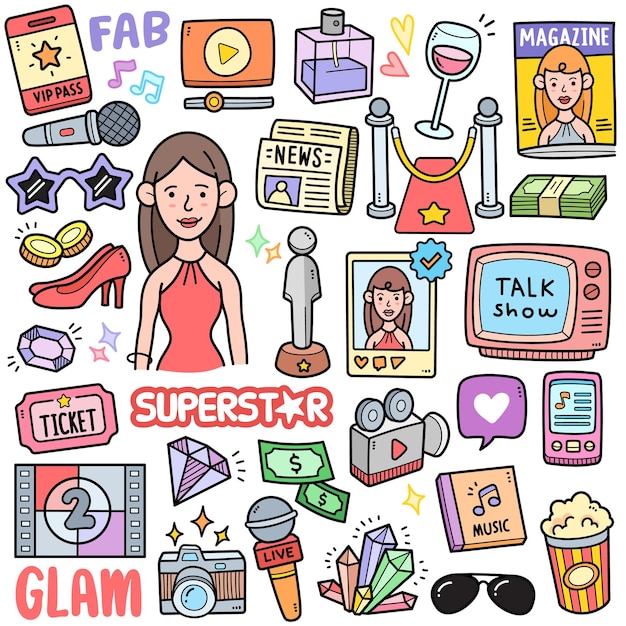 Superstar and celebrity colorful vector graphics elements and doodle illustrations