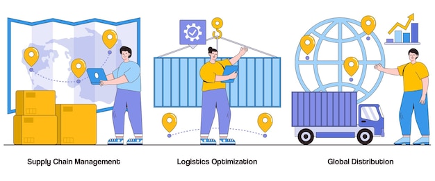 Vector supply chain management logistics optimization global distribution concept with character