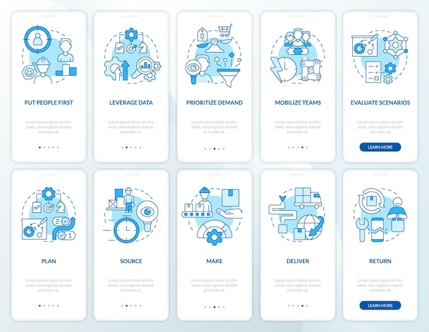 Supply chain priorities blue onboarding mobile app screen set