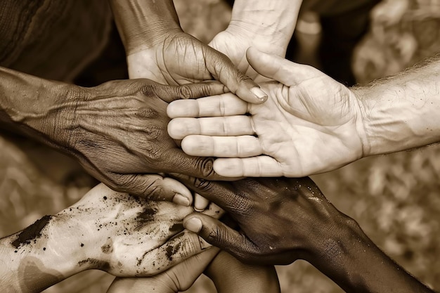 Vector support and care human hands of different race skin color holding together over grey background