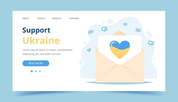 Support Ukraine envelope with heart colors of Ukrainian flag Donation and volunteering landing page