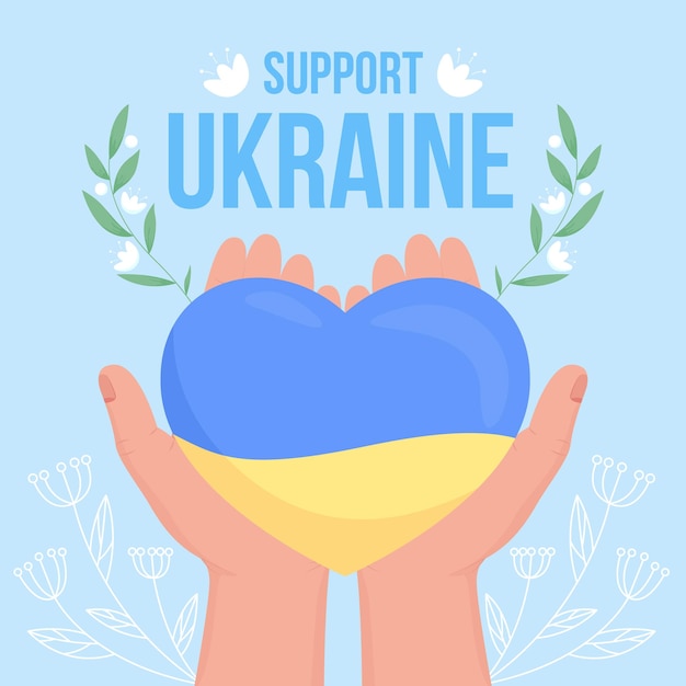 Support Ukraine flat color vector illustration War conflict awareness National flag colours heart Hope for peace 2D simple cartoon hands with flowers on background Bebas Neue font used