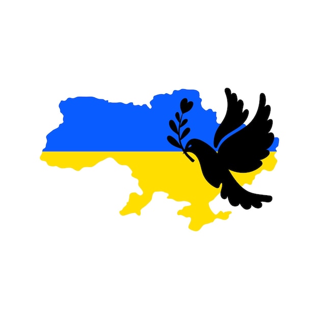 Support Ukraine no war Ukrainian map flag blue yellow colors with black pigeon on it dove of peace